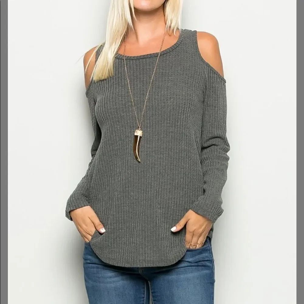 Cold Shoulder Gray Waffle Knit Top